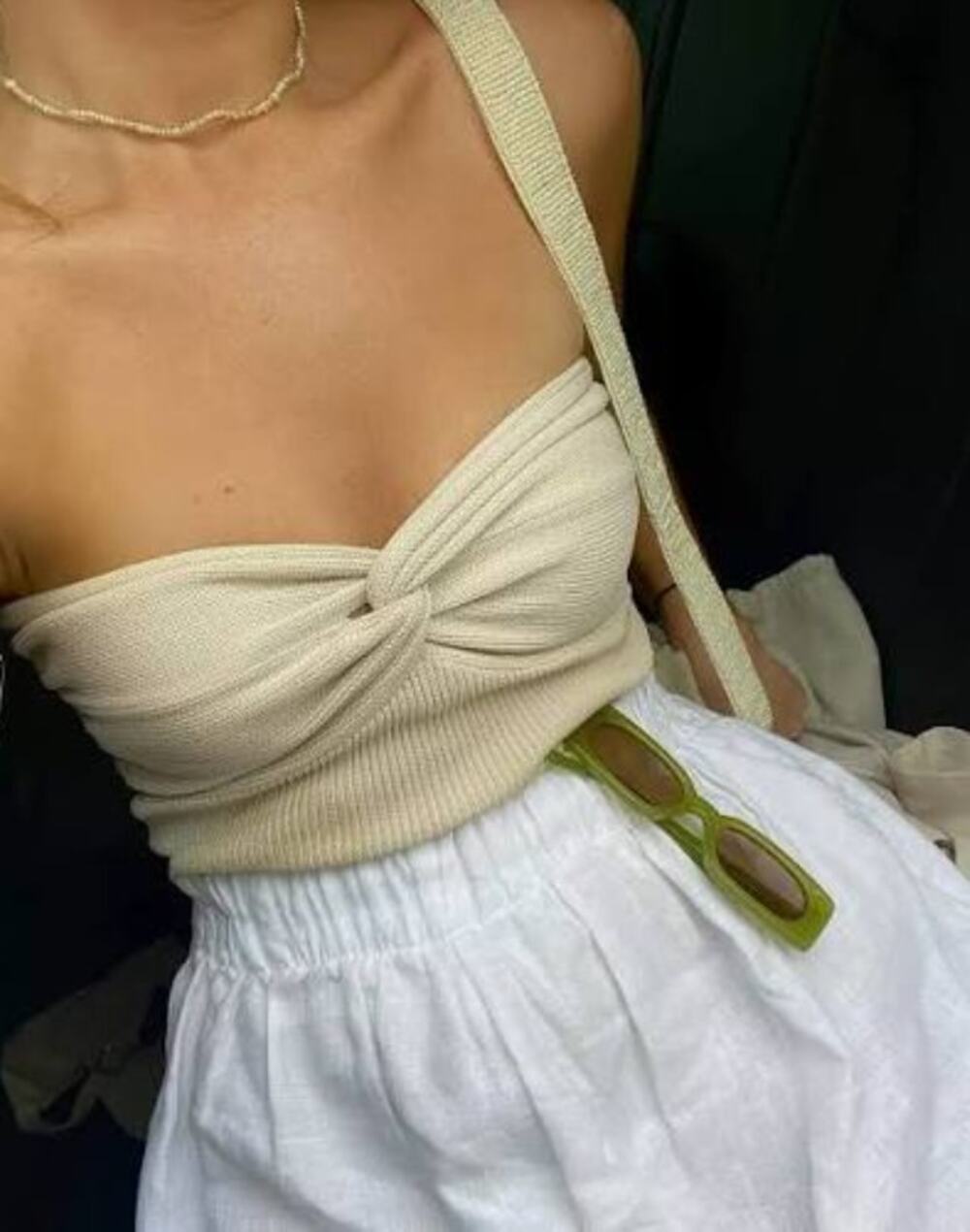 DISSH Anika cream ribbed twist strapless knit top